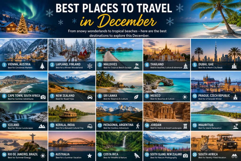 Alt Text: Best places to travel in December featuring winter and tropical destinations around the world