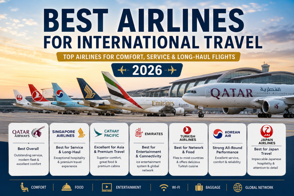 Best airlines for international travel in 2026 with passengers inside a modern aircraft cabin