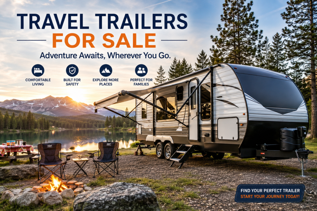 Travel trailers for sale at a scenic lakeside campsite