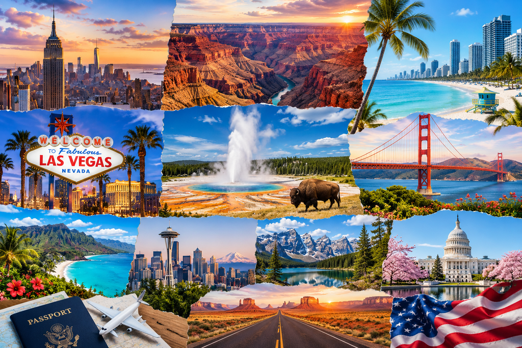 Beautiful US travel destinations featuring iconic American landmarks, breathtaking mountains, beaches, city skylines, and natural landscapes.