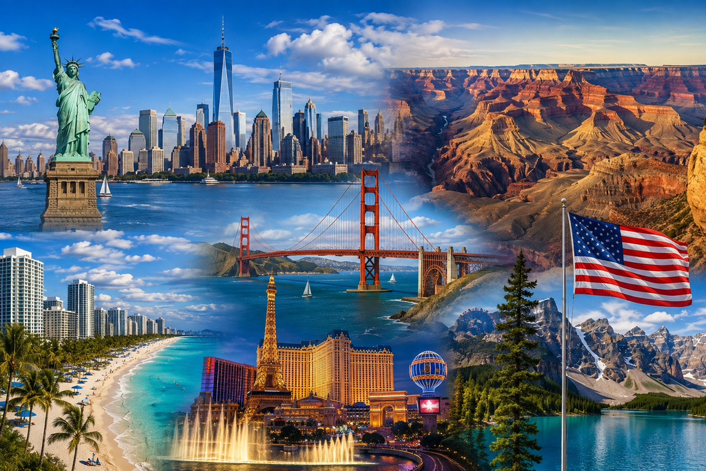 Beautiful US travel destinations featuring iconic American landmarks, breathtaking mountains, beaches, city skylines, and natural landscapes.