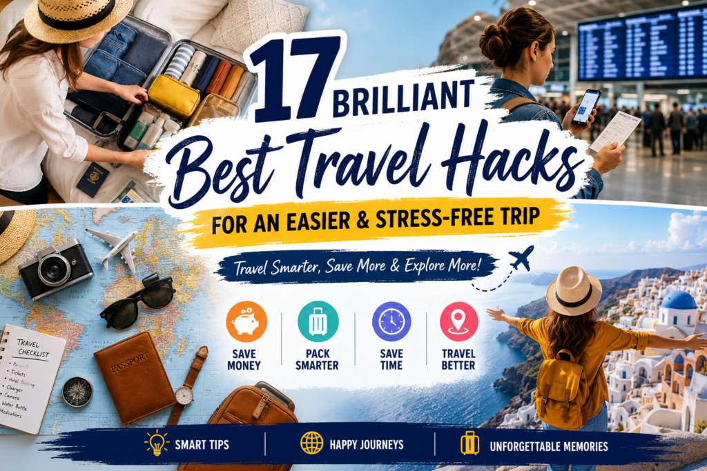 17 Brilliant Best Travel Hacks for an Easier and Stress-Free Trip featuring suitcase packing, airport travel, a world map with travel essentials, and a traveler exploring a beautiful destination.