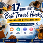 17 Brilliant Best Travel Hacks for an Easier and Stress-Free Trip featuring suitcase packing, airport travel, a world map with travel essentials, and a traveler exploring a beautiful destination.