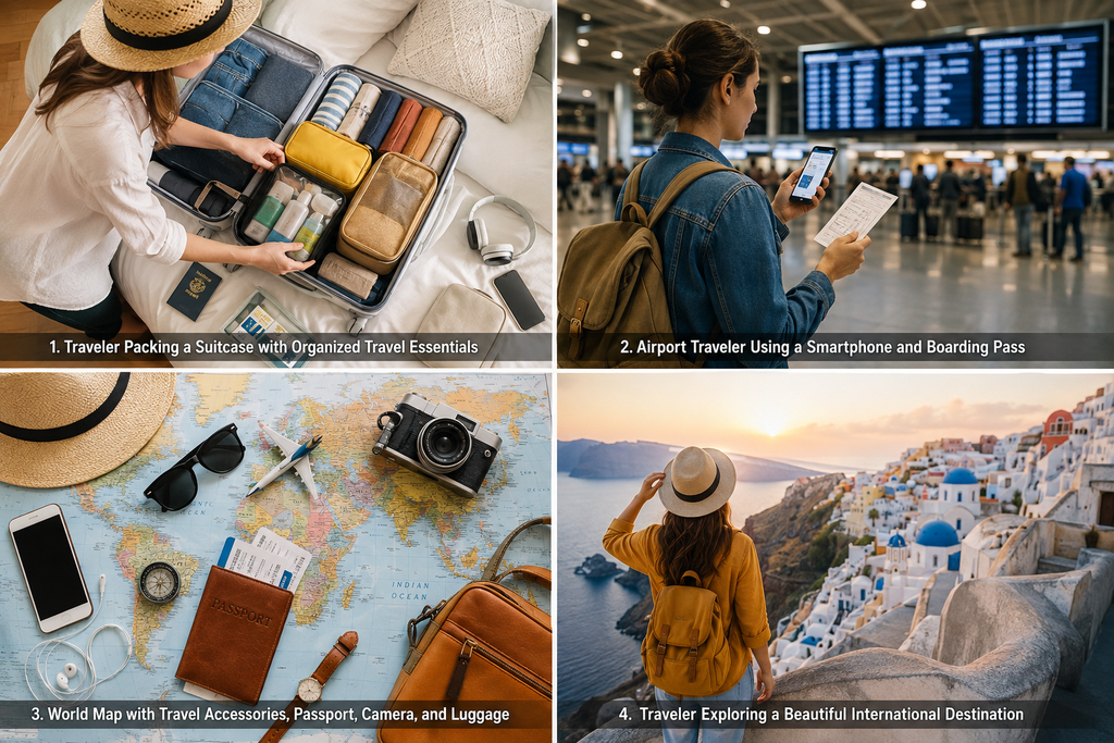 Best Travel Hacks collage showing a traveler packing a suitcase, using a smartphone and boarding pass at an airport, travel accessories on a world map, and exploring a beautiful international destination.
