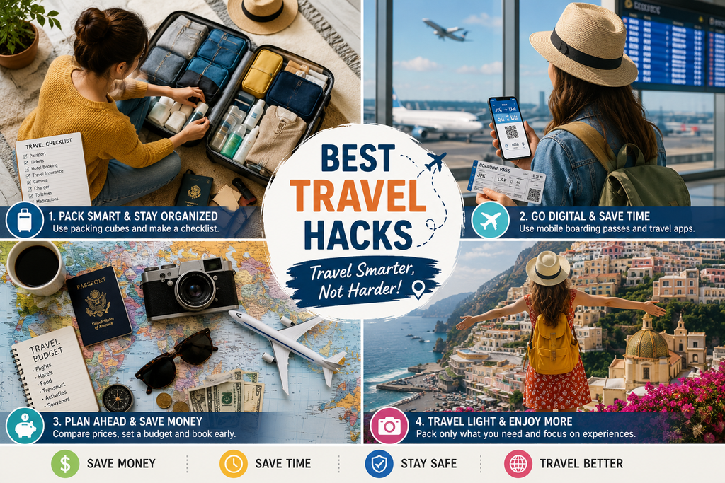 Best Travel Hacks infographic showing smart suitcase packing, digital boarding passes, budget travel planning, and a traveler exploring a beautiful international destination.
