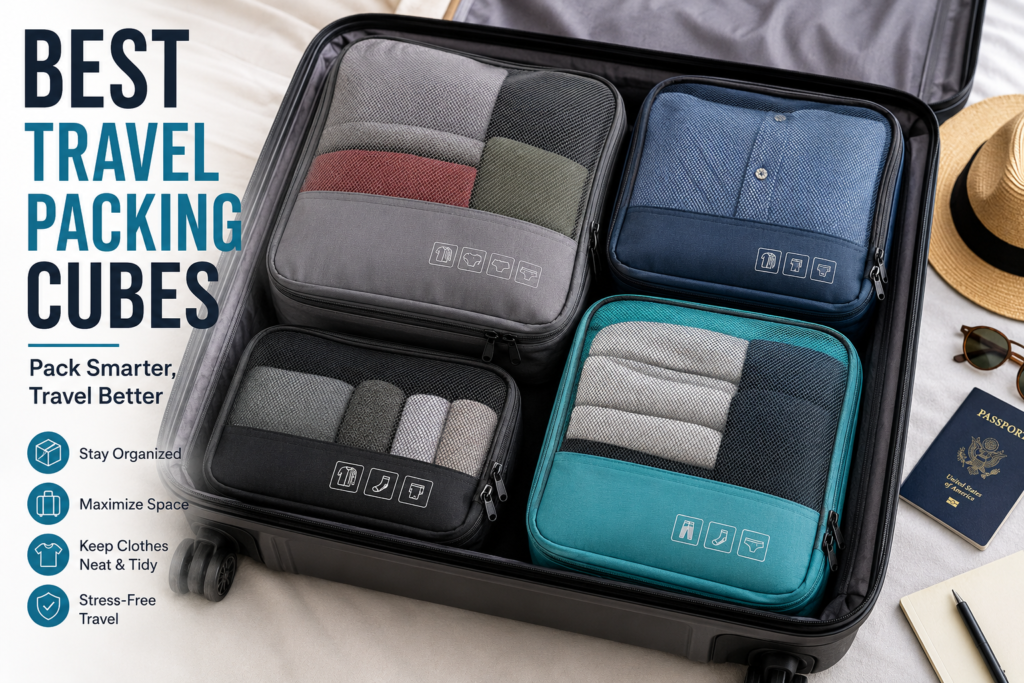 "best travel packing cubes organized inside a suitcase”.