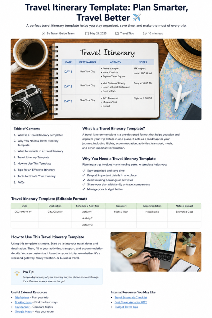 Travel itinerary template for planning a well-organized vacation