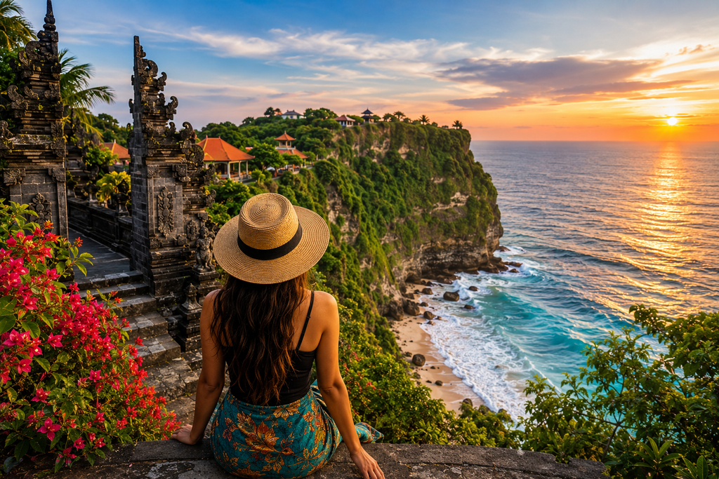  Bali travel guide with a solo traveler overlooking a tropical coastline at sunset
