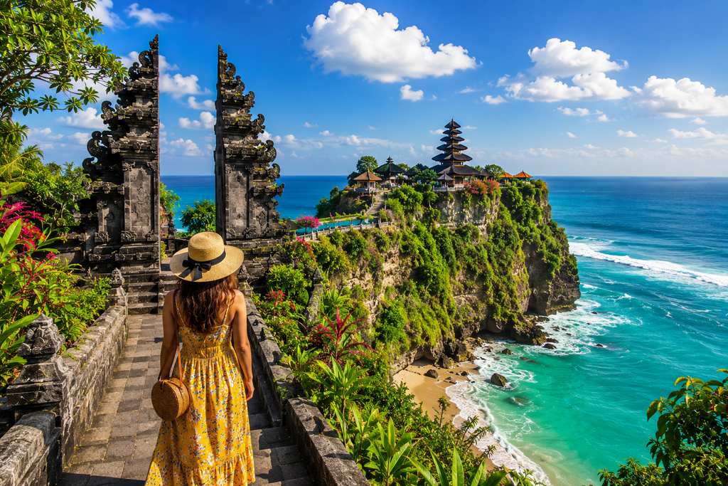 Bali travel guide with a tropical temple, turquoise ocean, and scenic coastline
