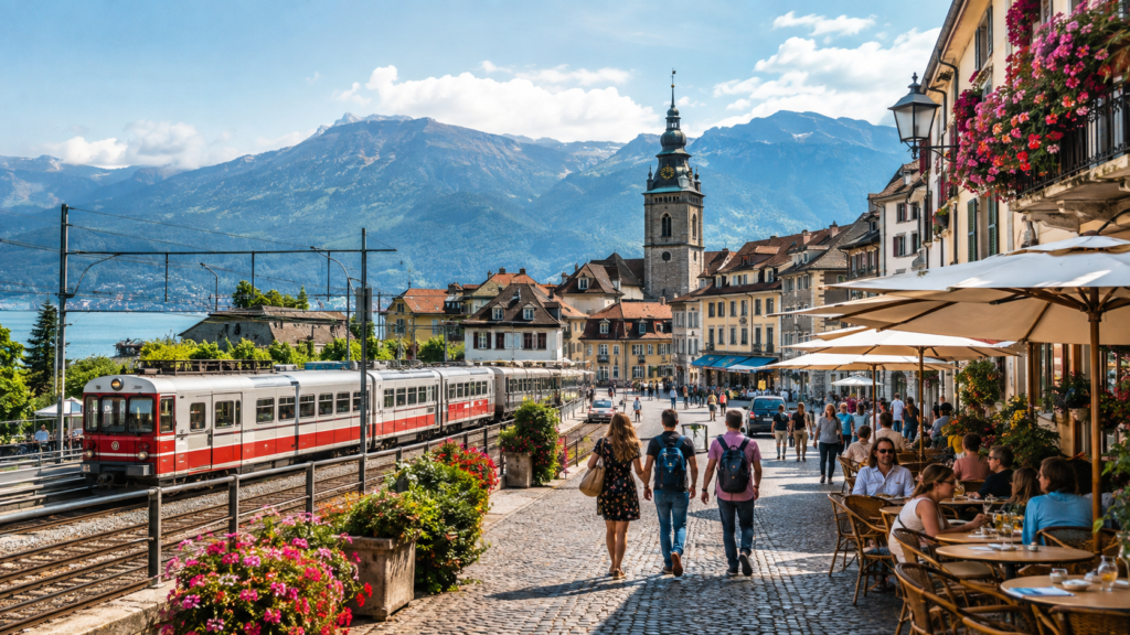 European travel scene with a historic Alpine town, scenic train, cafés, travelers, lake, and mountains