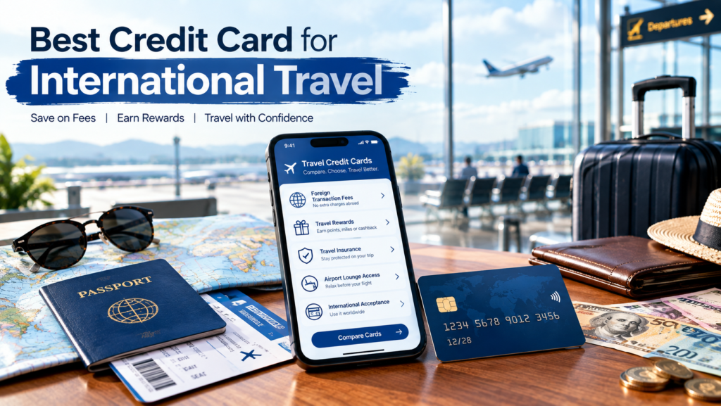 Best credit card for international travel with passport, boarding pass, smartphone and travel accessories