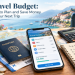 Travel budget planning with passport, money, smartphone, calculator, map, and travel documents