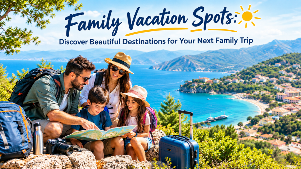 Happy family exploring a scenic vacation destination together