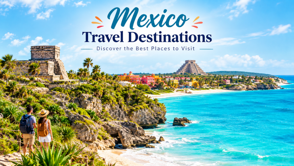 Mexico travel destinations featuring a scenic Mexican coastline, tropical water, historic architecture, and travelers exploring the landscape