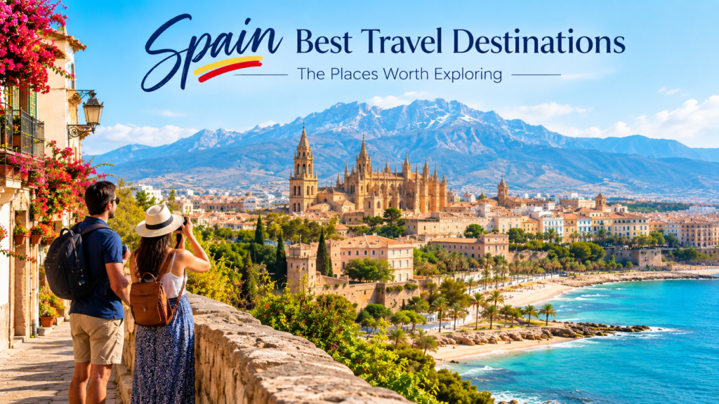 Spain best travel destinations featuring a scenic Spanish coastline, historic architecture, mountains, and travelers
