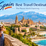 Spain best travel destinations featuring a scenic Spanish coastline, historic architecture, mountains, and travelers