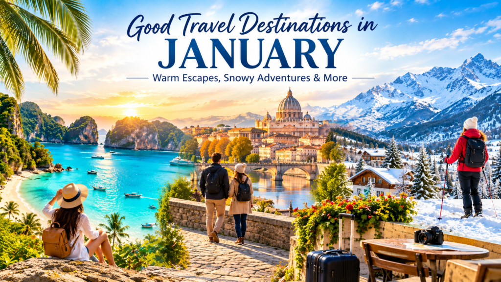 Good travel destinations in January featuring tropical beaches, snowy mountains, historic cities, and scenic landscapes