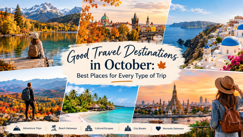 Good travel destinations in October with autumn, beach, and city views