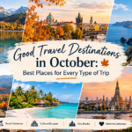 Good travel destinations in October with autumn, beach, and city views