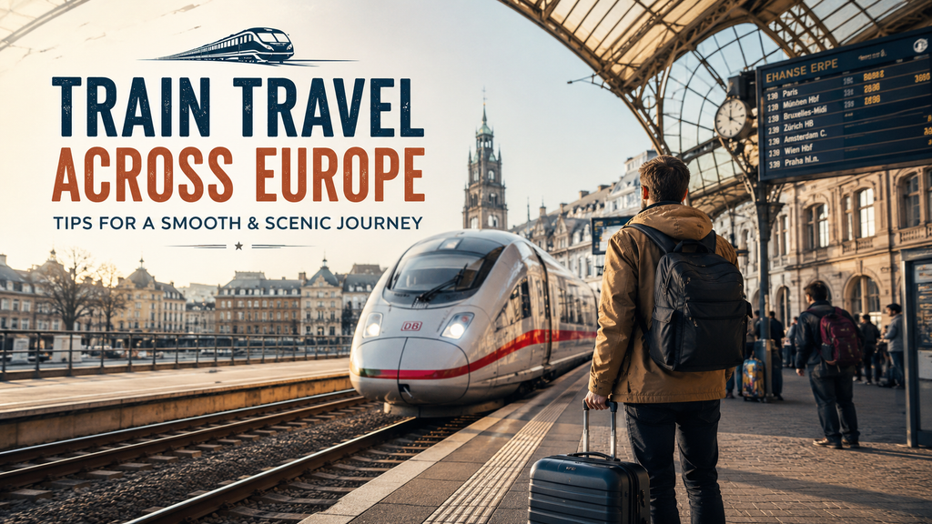 Train travel across Europe with a traveler at a European high-speed railway station