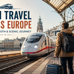 Train travel across Europe with a traveler at a European high-speed railway station