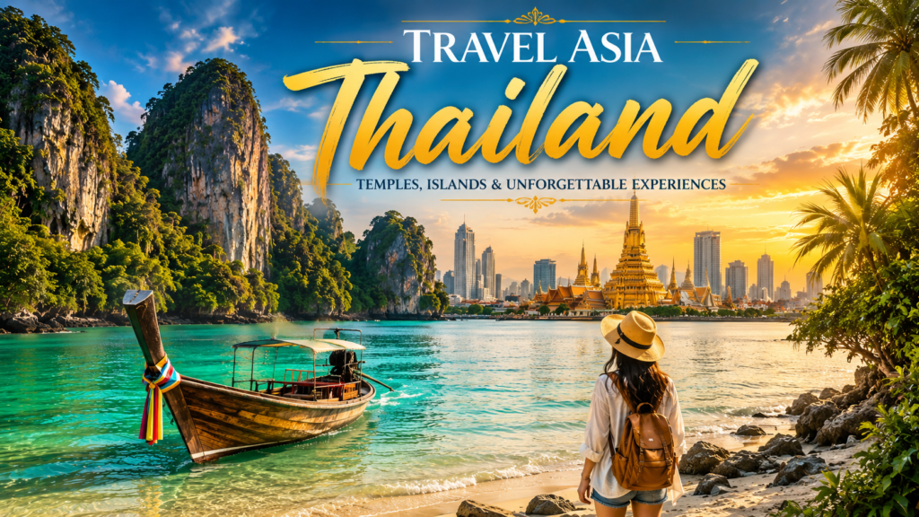 Travel Asia Thailand with tropical islands, long-tail boat, Thai temple, Bangkok skyline, and traveler on the beach