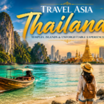 Travel Asia Thailand with tropical islands, long-tail boat, Thai temple, Bangkok skyline, and traveler on the beach