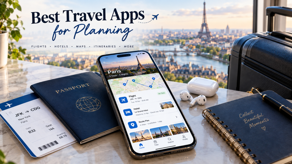 Best travel apps for planning trips with itinerary, maps, flights, and hotel bookings on smartphone
