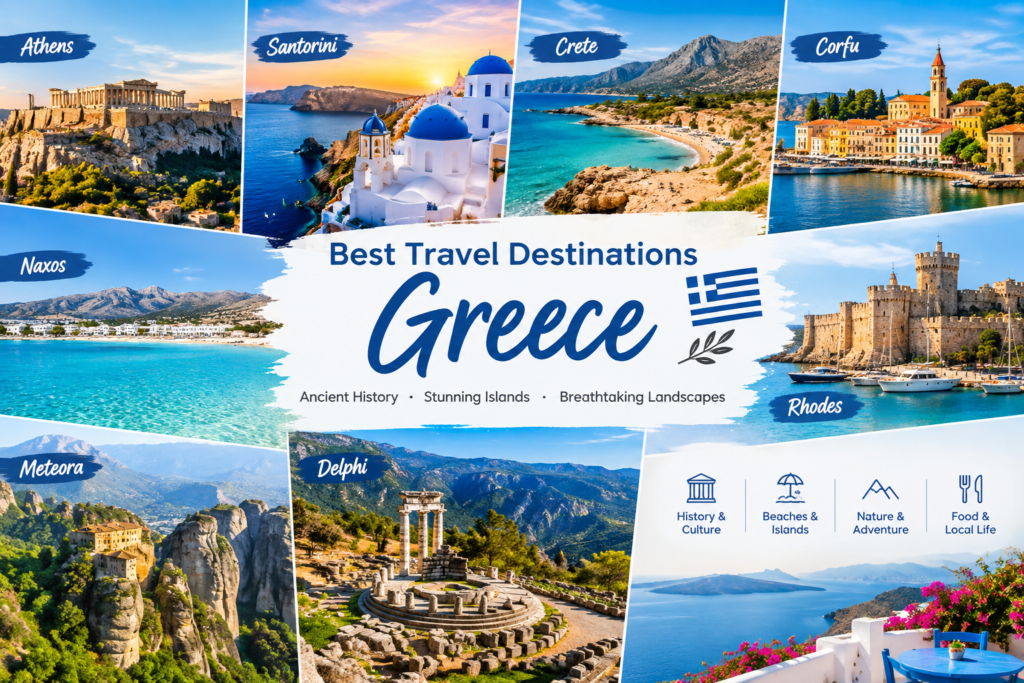 Best travel destinations Greece featuring Greek islands, coastline and historic architecture