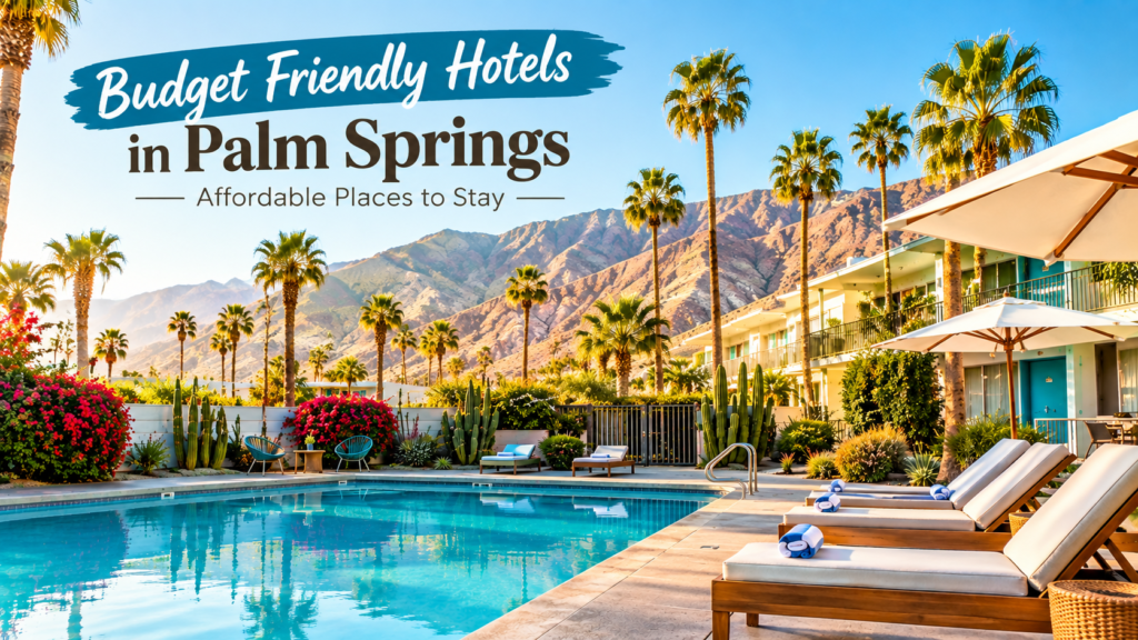 Budget friendly hotel in Palm Springs with pool, palm trees, desert landscaping, and mountain views