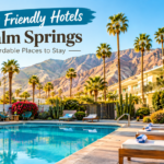 Budget friendly hotel in Palm Springs with pool, palm trees, desert landscaping, and mountain views