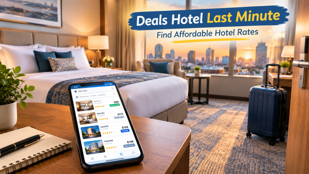 Last minute hotel deals with modern hotel room and travel booking concept