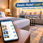Last minute hotel deals with modern hotel room and travel booking concept