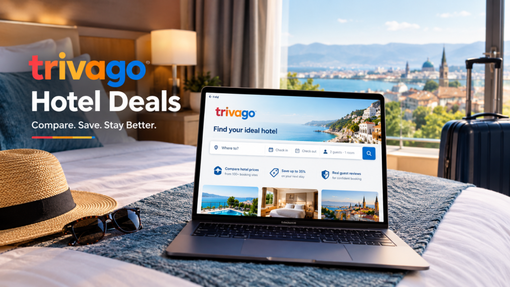 Trivago hotel deals comparison on a laptop in a modern hotel room