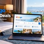 Trivago hotel deals comparison on a laptop in a modern hotel room