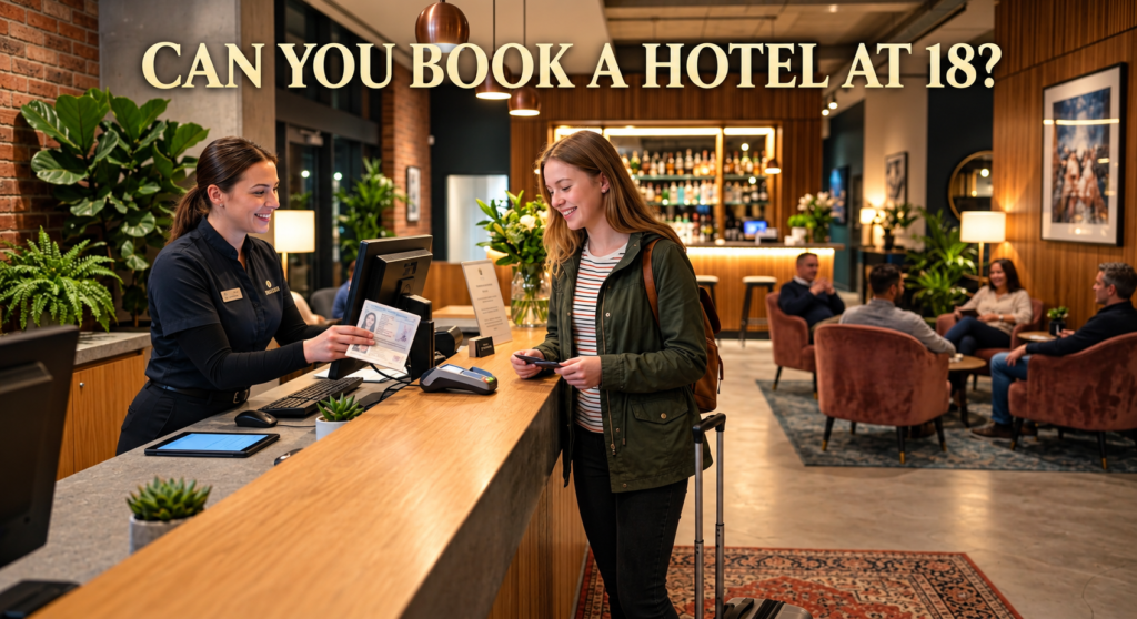 Can you book a hotel at 18? A young traveler checking into a hotel at the front desk