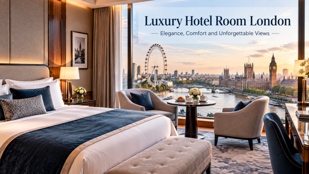 Luxury hotel room in London with elegant interior and panoramic view of Big Ben and the River Thames