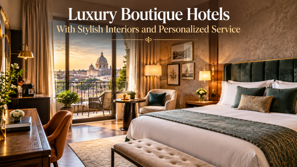 Luxury boutique hotel room with elegant design and sophisticated furnishings
