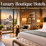 Luxury boutique hotel room with elegant design and sophisticated furnishings