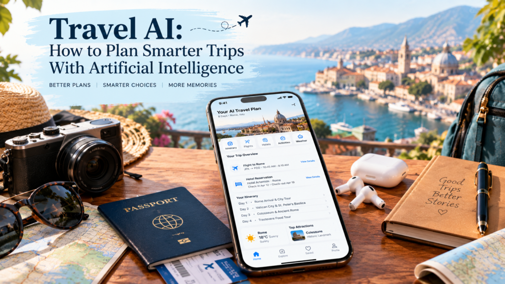 travel planning assistant creating a personalized vacation itinerary on a smartphone beside travel essentials