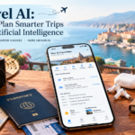 travel planning assistant creating a personalized vacation itinerary on a smartphone beside travel essentials