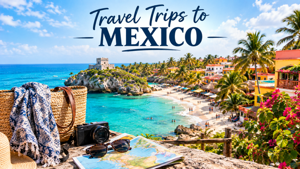 Travel trips to Mexico featuring a scenic Mexican destination with tropical coastline, traditional architecture, and travelers exploring the landscape