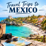 Travel trips to Mexico featuring a scenic Mexican destination with tropical coastline, traditional architecture, and travelers exploring the landscape