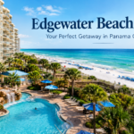 Edgewater Beach Resort overlooking the white sand beach and turquoise Gulf waters in Panama City Beach