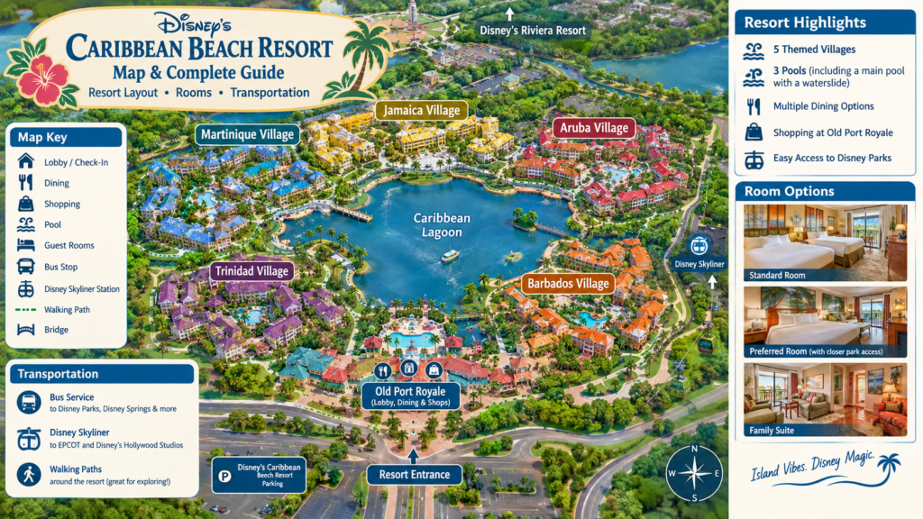 Disney Caribbean Beach Resort map showing resort villages, rooms, pools, and transportation