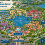 Disney Caribbean Beach Resort map showing resort villages, rooms, pools, and transportation
