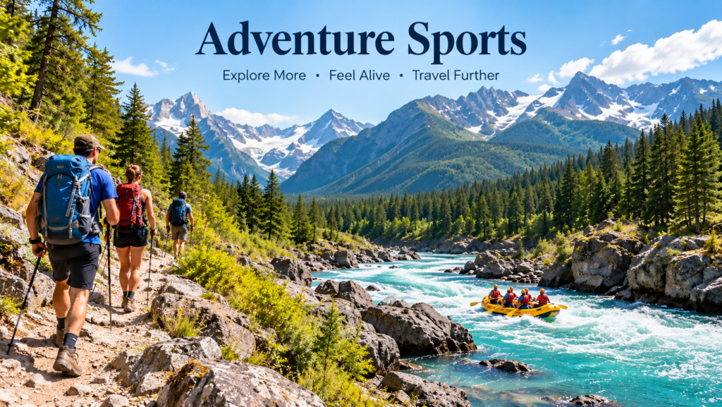 Travelers enjoying adventure sports in a scenic mountain and river landscape