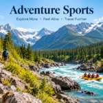 Travelers enjoying adventure sports in a scenic mountain and river landscape