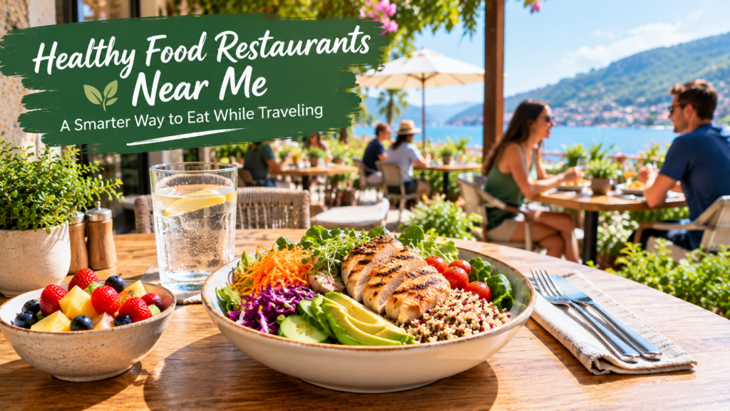 Healthy restaurant meal with fresh vegetables and grilled food for travelers