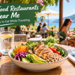 Healthy restaurant meal with fresh vegetables and grilled food for travelers